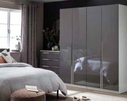 3ec6657ffa77b17111a11258abf670ef3f1884b18edca64ad5eb60e91ade4b2d.jpg An Image of Habitat Munich 4 Door Wardrobe - Grey Gloss