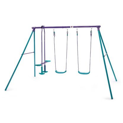 f3c396b64c4ae9289da9e548348be88892d9aa14b196e663545a4b57e8caf63f.jpg An Image of Plum Jupiter Double Swing & Glider Set - Purple/Teal