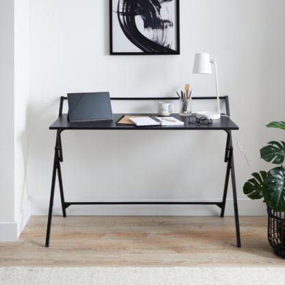 67f0985fbddd0421cae40b6c34035aaea51174ec366932b6bf3d2f6e72bb4184.jpg An Image of Evelyn Black Wood Effect Wide Folding Desk Black
