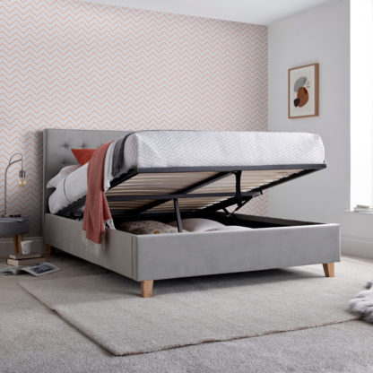a37eb43ad61fb938078d16e8469f4a4186de36c2a494830e3541d61715edb00b-1.jpg An Image of Kingham Grey Velvet Fabric Ottoman Storage Bed Frame - 4ft6 Double