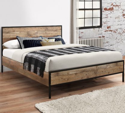 420d50c3b0e00ab191bba7e16c81a085d376749106f8cde5bb6c1b456449d4ed.jpg An Image of Urban Rustic Wooden and Metal Bed Frame - 4ft Small Double