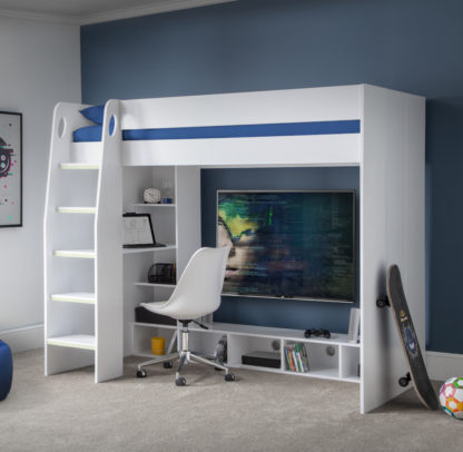 4e8ca863f08f6bbabdd071b764805daa5b3167376321e921c8ad841389a4c8dd.jpg An Image of Nebula White Wooden Gaming High Sleeper Bed Frame - 3ft Single