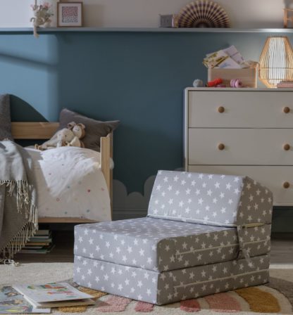 cd6e29d4e5a80b199fb57753472a1b36b7ec197afa98e3b71691117a029d266f.jpg An Image of Habitat Kids Grey Stars Chair Bed