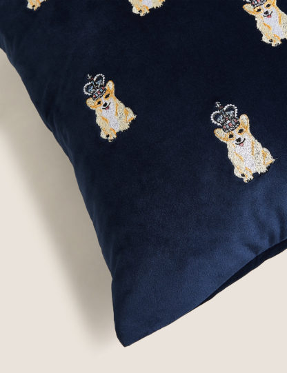 022aa4598e6dff50ce47489e047a3ab372a219f350a7a27901a04f1f56f5d4ec.jpg An Image of M&S Velvet Embroidered Corgi Jubilee Cushion