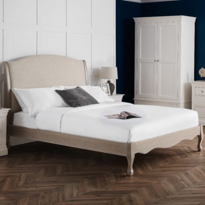 1e9aeaf87b501513fcdce6234752508f9922bbf73399f6e30bcfbb73acaeeb0a-1.jpg An Image of Camille Oatmeal Fabric and Oak Wooden Bed Frame - 6ft Super King Size