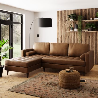 32e3aa2436576043034b12affcd8e02c3c2b28120b9005e107f8242704e90226.jpg An Image of Zoe Faux Leather Left Hand Corner Sofa Brown