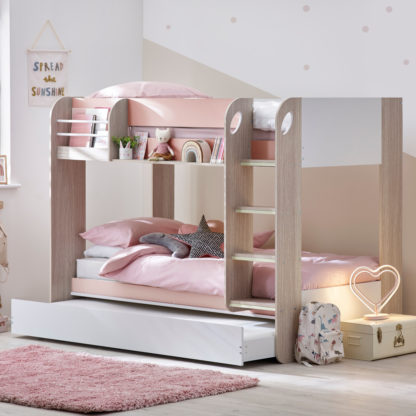 937dd5718a678d244b2ec14490a94e01d7efc5c66b8c685e28d4c37a316f3a44.jpg An Image of Mars Pastel Pink Wooden Bunk Bed with Underbed Trundle Frame - 3ft Single