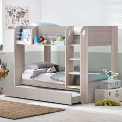 c90152687fb43baa5979be2fdc2fb3f74e407d8b452c345b032f10bacfe474e1.jpg An Image of Mars Grey Oak Wooden Bunk Bed with Underbed Trundle Frame - 3ft Single
