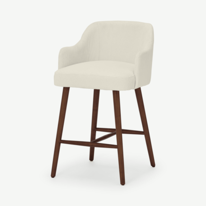 ca1461c612e0b822e1a2611338d7907d8dfa77e264d72a56f3c53de149fc0ff5.png An Image of Swinton Counter Height Bar Stool, Ecru Corduroy Velvet with Dark Stain Legs