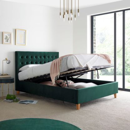 de48af7b44e1e89491633f6729f0d99e85b39f03fe18d28b64a04a47a4c1e8c9-1.jpg An Image of Kingham Green Velvet Fabric Ottoman Storage Bed Frame - 4ft6 Double
