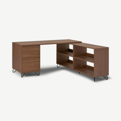 ee99fffc4ed42e119f428627636b623ee85e9d7baaba1bf36518ce1b3f30494b.png An Image of Elona Corner Desk with Open Sideboard, Walnut Effect & Black