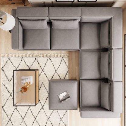 4b82809636d7f2c0117b50e2c9d9e91a5076f3b2f7cb86caa92a8907867bcf27.jpg An Image of Modular Arne Tan Faux Leather Corner Sofa with Footstool Tan