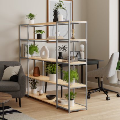 95f3499624fec6c1cb996838db99492d635ebd020fdeae0e2f5aefface5813e1.jpg An Image of Modular Silver & Light Oak 5 Shelf Wide Shelving Unit MultiColoured