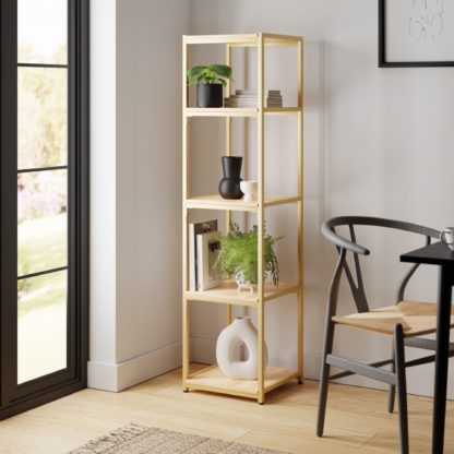 a31015376de0a6c95ac4a51608de088ebe49ca5b3597a8cc2501e8df2fc3a567.jpg An Image of Modular Gold & Light Oak 5 Shelf Tall Shelving Unit MultiColoured
