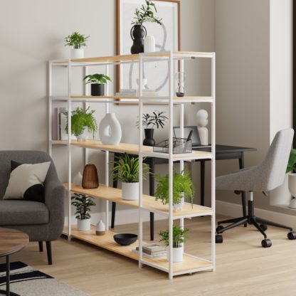b6c0391d0d5b9f3be6edb3e94b71341e6e37e42609bb45edda9371ddd71712b3.jpg An Image of Modular White & Light Oak 5 Shelf Wide Shelving Unit MultiColoured