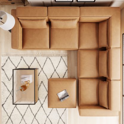 d4ca7b8fdf729eb4dd017fd2013c4e9be37d518121148bf395c187a2a04802f1.jpg An Image of Modular Arne Tan Faux Leather Corner Sofa with Footstool Tan