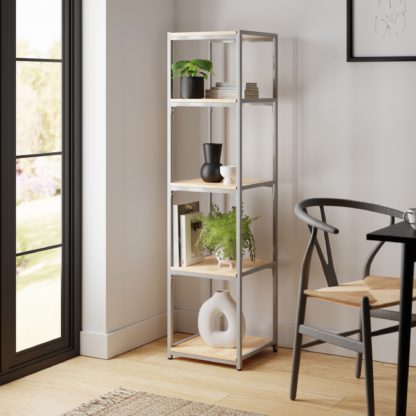 e5651ee6f84d9f1a54bdef572615d6c76b2e424646bf8ed9b7d5139467897fc9.jpg An Image of Modular Silver & Light Oak 5 Shelf Tall Shelving Unit MultiColoured
