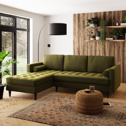 48bd3f3b0252583d6bf707031165b91943f9db87db5992ac47a85536fd3cf76c.jpg An Image of Zoe Velvet Left Hand Corner Sofa Olive (Green)
