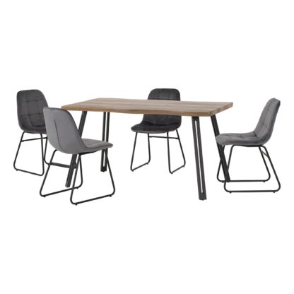 55a18733de4deba4a8f3c9f503f963562f6e6c400b9f7f6e253ccd0f1d82c17f.jpg An Image of Quebec Wave Oak Effect Dining Table with 4 Lukas Grey Dining Chairs Grey