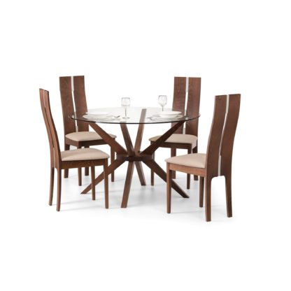 efab7250bceaa65717474be8ca4288267da4b592d5f65872157f6d67986e5f9e.jpg An Image of Chelsea Small Round Glass Dining Table with 4 Cayman Dining Chairs Walnut (Brown)