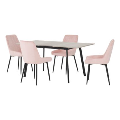 f0761a74ddbf46f6480dcc67fa74e14c1408341a364eb0370e14135880c1579d.jpg An Image of Avery Concrete Effect Extendable Dining Table with 4 Pink Dining Chairs Baby Pink
