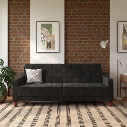 410d02f4b6f78b812539298b7c2a9bb5665b59bc1c18f070cdae5d40452ccd23.jpg An Image of Vintage Velvet Tufted Futon Blue