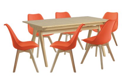 87e635c61820ef604e55548425130b0f105dabb9dd1f22fb2842e4f811f485b2.jpg An Image of Habitat Jerry Wood Effect Dining Table & 6 Blue Chairs