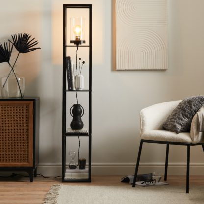 ea4c09c99a350c2c84cfa67f92ff3b7bc94c1abdf36e01566daf31ea6fc7ff66.jpg An Image of Keates Shelved Floor Lamp Black