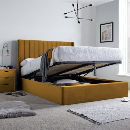 7fcb260362942dd0b17dd07106b968c251f48c8c4b9e5b9b67703fa0a3387082-1.jpg An Image of Harper Mustard Velvet Ottoman Storage Bed Frame - 4ft6 Double
