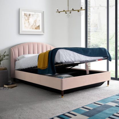 8e8228e0c7ddf532bfc19bab7355cde6e08d8571940ca00c0cb3a466e0e620a9-2.jpg An Image of Sandy Pink Velvet Ottoman Storage Bed Frame - 6ft Super King Size
