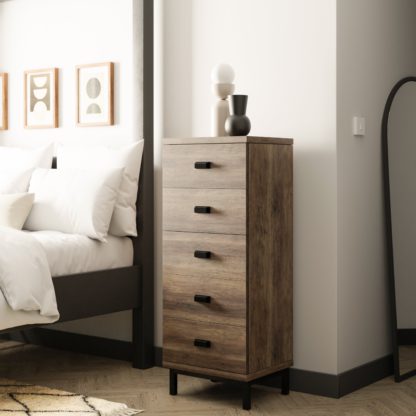 943041eea8dcaedffbb8d344b31dbe55c85eae11b0ed811e4692067ae829d9a4.jpg An Image of Fulton Tall 5 Drawer Chest, Pine Effect Brown