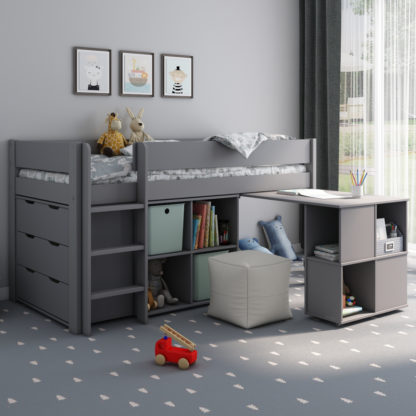 2f58a550eb3964e94f33afadc63a16c1ebae73af71438ba3d3a44428fa32efd0.jpg An Image of Estella - Kids Grey Wooden Mid Sleeper Bed - Desk, Chest and Shelves - Single - 3ft