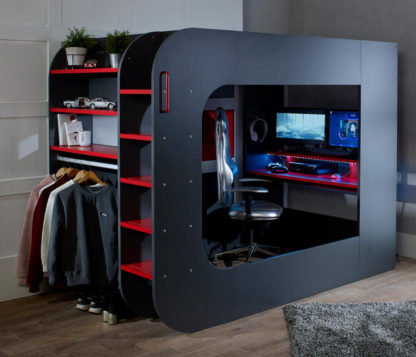 38d3f6e385a0725c6e2c4725a939ec46fb292914c47f5accd4d8a417c8cc0a70.jpg An Image of PodBed - European Small Double - Gaming High Sleeper - Storage - Wardrobe and Desk - Dark Grey and Red - Wooden - 4ft