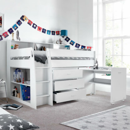 81a1410354a3dcff327a2dfcc49a7459c13f49e56cce6590ff6cb95a8fcad50a.jpg An Image of Ersa - Single - Mid Sleeper Bed - Storage and Desk - White - Wooden - 3ft