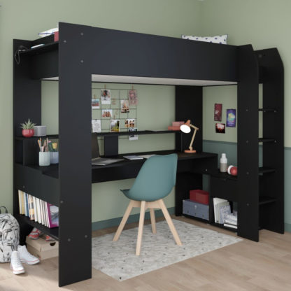 df5a3f5920a54d6769961ea71cca5a92c33ed62377c010deae3f5aa186fc5f77.jpg An Image of Online Black Wooden Kids High Sleeper Bed - Desk - Single - 3ft