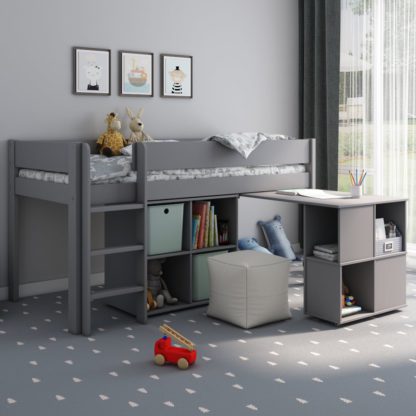 e9e4aa703cf43b86709ddde109315ef1370a3cd5a9b384f425046ed022895ab4.jpg An Image of Estella - Kids Grey Wooden Mid Sleeper Bed - Desk and Shelving Unit - Single - 3ft