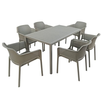 68f735adb451aeb23f2655b24189f5b221174aa7446986de9340c305b146b14a.jpg An Image of Cube Dining Table with 6 Net Chair Set Turtle Dove Natural