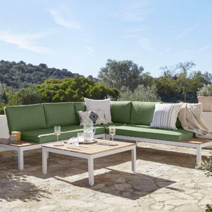 39ced84067fc799cef9923c4d89c537c3dea5123bb9ea4f7e01475f42d33ca9f.jpg An Image of Spirit Metal Garden Corner Sofa Set - Green