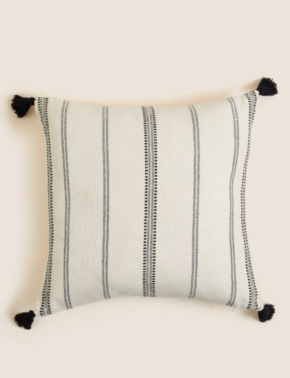 8e1494a1a7356afcc3c1f488710e42a04d3a35db8574147d06aef6b4855d4367.jpg An Image of M&S Pure Cotton Striped Tasselled Cushion