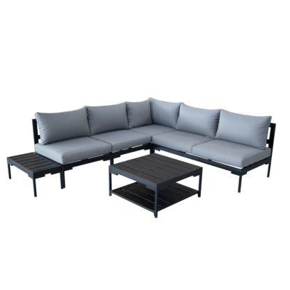 1e00648c2c4c6b714a1c9ece5e44329b8682e938affb4965d27b7279174b3fa0.jpg An Image of Elements Black Modular 5 Seater Corner Sofa Set with Coffee and Side Tables Black