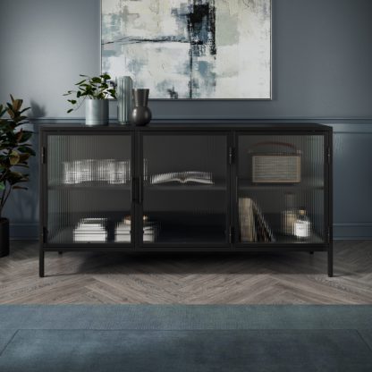 22797f6bb1f0ceeddb6d2c0fb020ca88c26cbc47a32f604f0aeb7cdd5b0e75d6.jpg An Image of Stannis Sideboard Black, Ribbed Glass Black