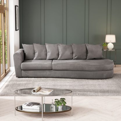7c7afc8dcfad13113c21d9da7542cb2a66c2405dd4651a75862e1e3ef0a6131e.jpg An Image of Blake Curved Arm Scatter Back Jumbo Cord Corner Chaise Soft Texture Grey