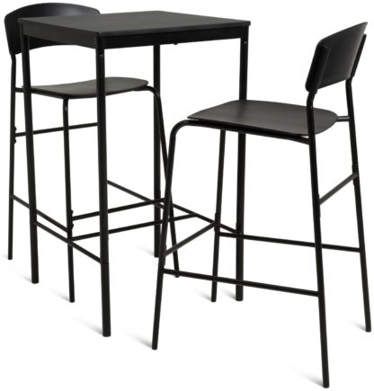 9c7cbeadfad468c4d4195171534bac19fd0c65c98e386ad5b8400acea262be00.jpg An Image of Habitat Stella Metal Bar Table & 2 Black Bar Stools