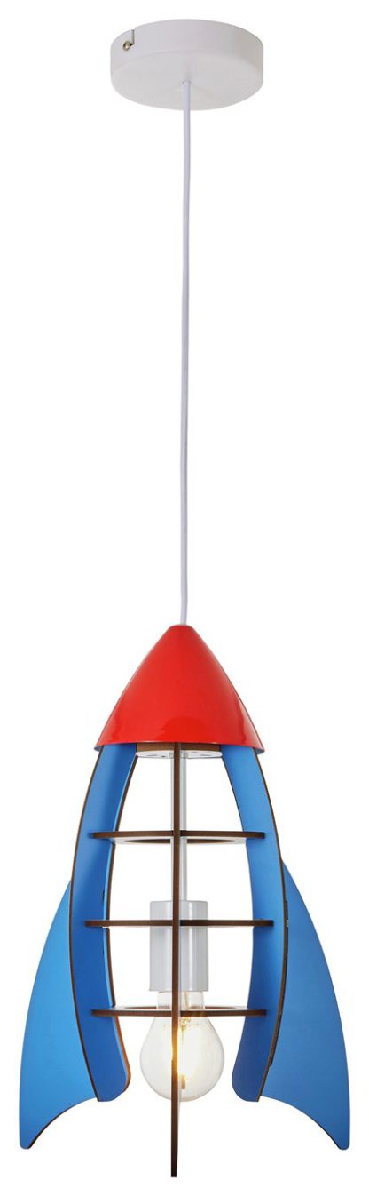 60f84fe3ec94101b148fd373dba91454aeb2210df4e906eecc463df340c57956.jpg An Image of Glow Kids Rocket Ceiling Pendant Light - Blue & Red