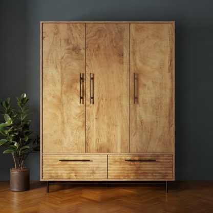 800418df87bcb735f9f37d70c86ee5f73369dd869958c2183bb974eb3d7167d5.jpg An Image of Bryant Triple Wardrobe, Mango Wood Effect Wood (Brown)