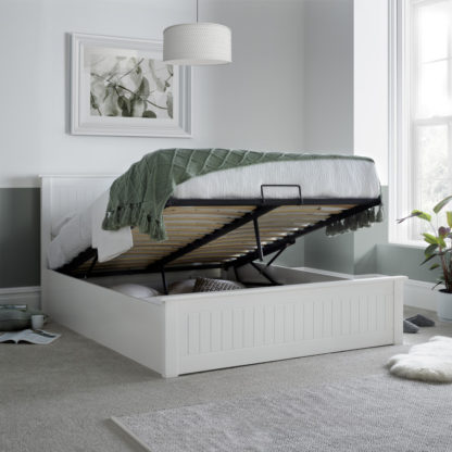 70e01c3857a47a2f101674d9ca155d0521bdb3607226947d3158577c173aecf1-1.jpg An Image of Dawson - King Size - Ottoman Storage Bed - White - Wooden ? 5ft ? Happy Beds
