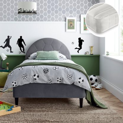 0f6a267ebd94842375fa81ab8d507986102e2124868c00a8ffd2f32f4eefc947.jpg An Image of Football/Noah - Single - Novelty Kids Bed and Open Coil Spring Memory Foam Mattress Included - Grey/White - Velvet/Fabric - 3ft - Happy Beds