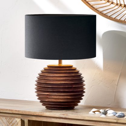 36d4c58b60db1cc7830e3a32d5f2adf425ca1d570a72591f5b68699fe7b3d6fe.jpg An Image of Pembury Turned Wood Table Lamp with 30cm Harry Cylinder Drum Shade Brown
