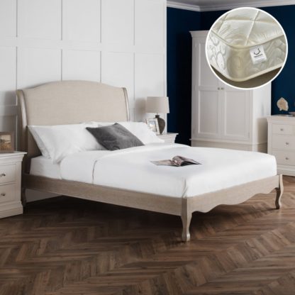 70921b6e951eda8c57569802ee74d4758ef353b3d10ef0168761aecd03c0e244.jpg An Image of Camille/Premier - Double - French Style Low Foot-End Bed and Spring Mattress Included - Oatmeal/White - Wooden/Fabric - 4ft6 - Happy Beds