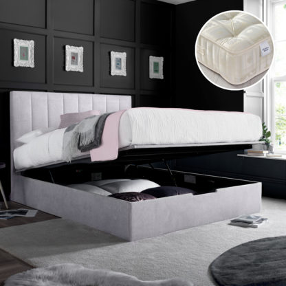 97802d86ae13336ae3a97f251f0edb7a1ad868dd5bc1c62ab82a8dacf9bcc17a.jpg An Image of Lincoln/Majestic - Double - Ottoman Storage Bed and 1000 Pocket Spring Orthopaedic Mattress Included - Silver/White - Fabric - 4ft6 - Happy Beds